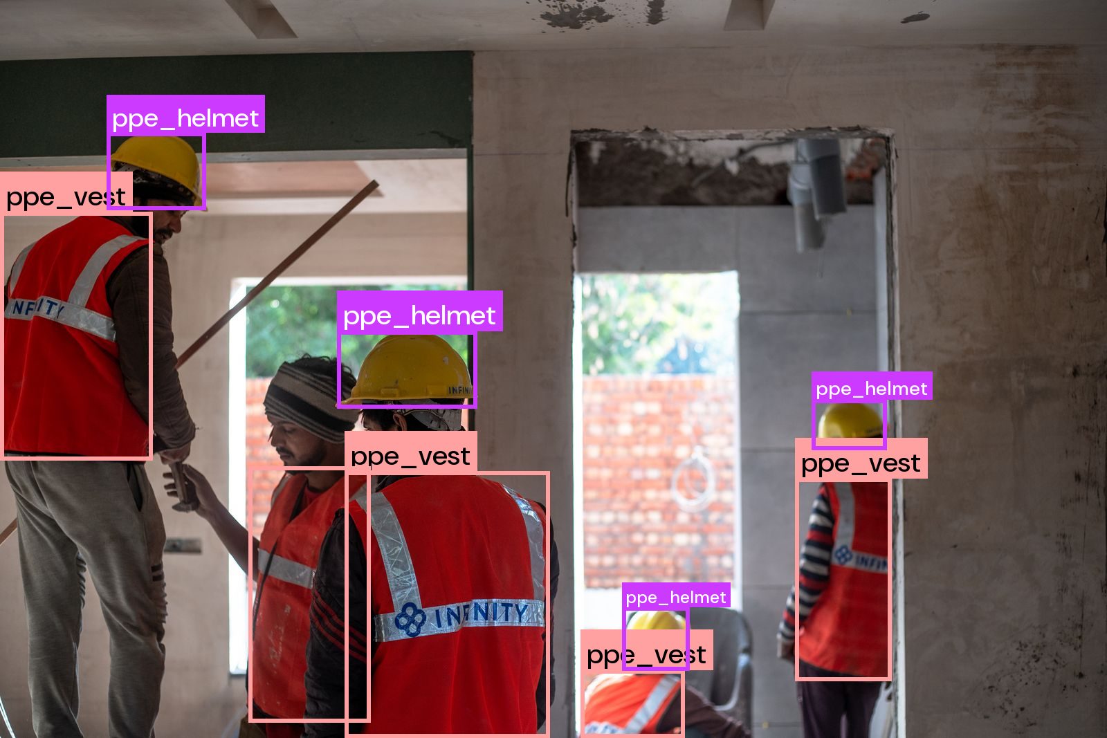 Workers with hard hat and hi-vis detections